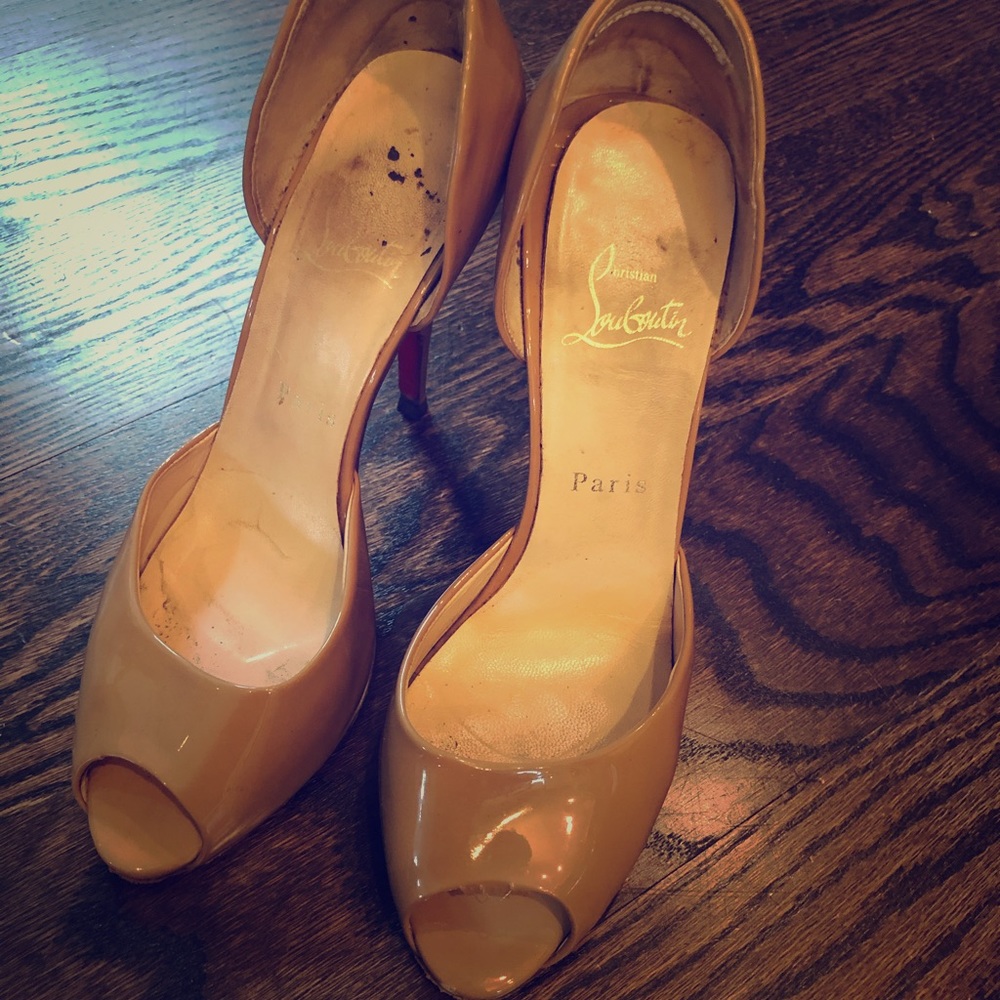 Christian Louboutin Nude Patent Peep Toe Pump 38
